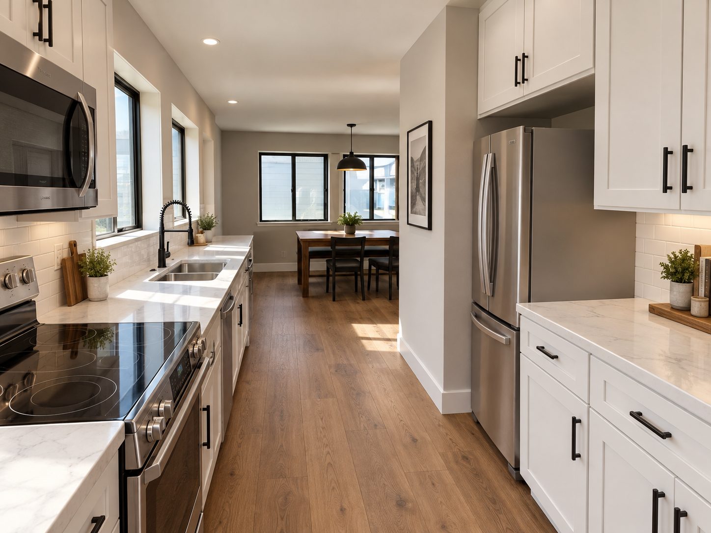 Concept rendering of the community kitchen coming to The Cedar, with white cabinets, a stove and oven, a full-size refrigerator, and a dining table