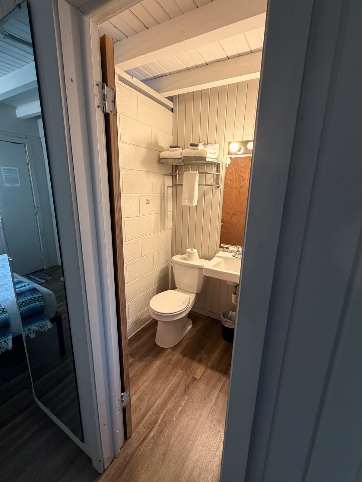 The Movie Room — private en-suite bathroom with toilet, pedestal sink, and chrome towel rack on cinder-block wall