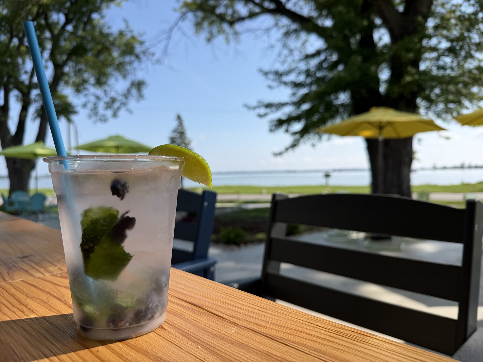 A craft cocktail at Tique's Bar with Sandusky Bay in the background