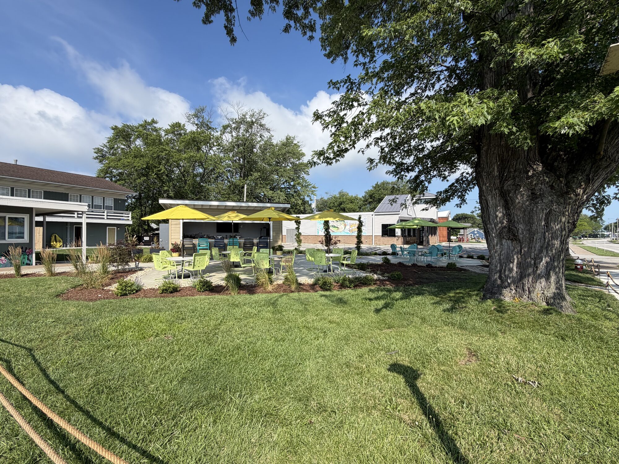The lawn and patio at Tique's Bar under a big shade tree